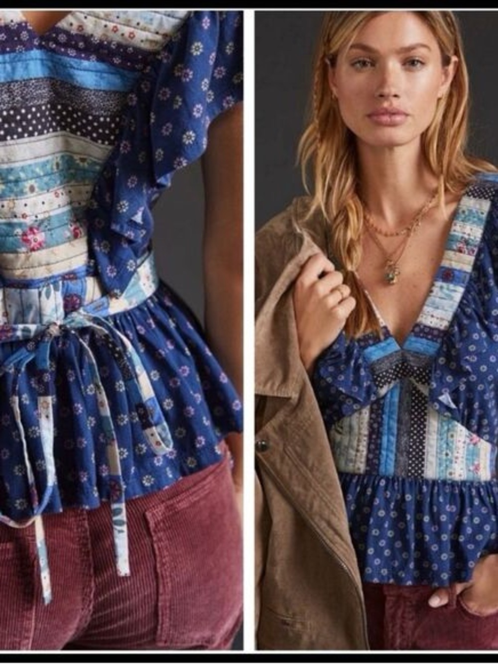 Anthropologie Let Me Be Ruffled Patchwork Tank Small V Neck Blue Patch Coquette